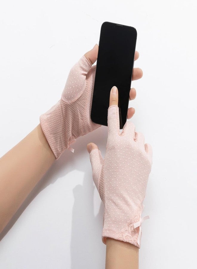 OVOY Women Pink Driving Ice-Silk Gloves Sun-UV-Protection Fingerless Gloves for Summer Hiking Cycling Running SPF Lace Glove - Image 5
